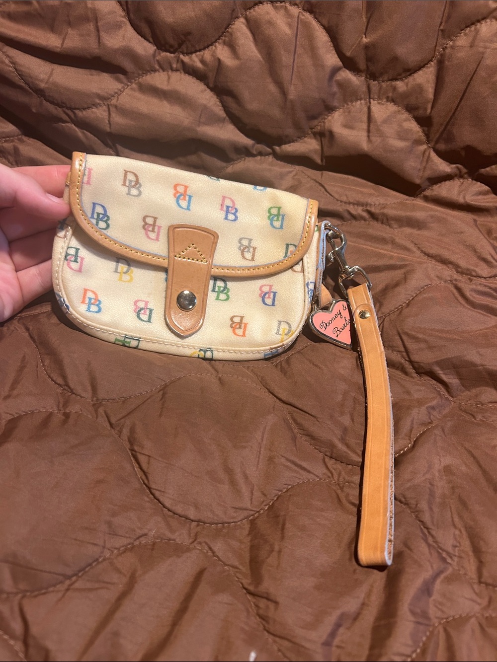 Dooney & Bourke Cream Multicolor DB Logo Wristlet with Tan Trim